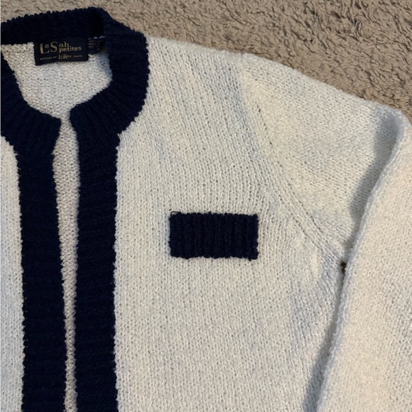 Vintage Le Sah Petites Ivory & Blue Open Front Cardigan Size M - Picture 4 of 5